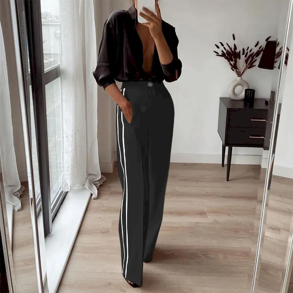 Women Fashion Casual Contrast Color Straight Pants - Image 3