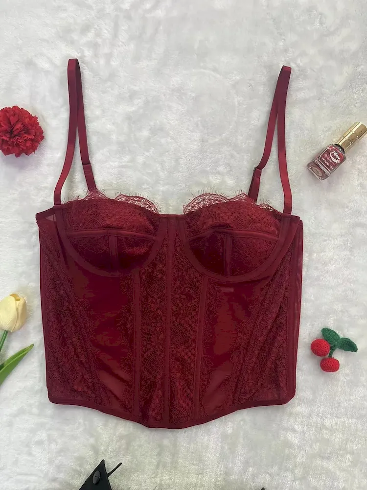 Women Fashion Sexy Solid Color Lace See-Through Corset Camisole - Image 6