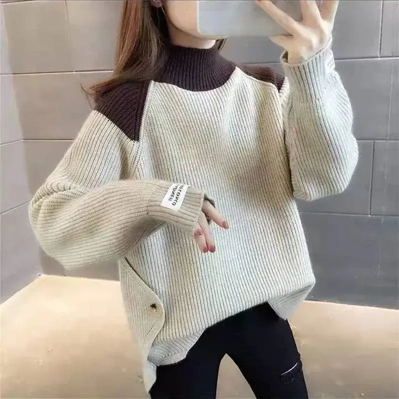 Autumn And Winter Women'S Casual Contrast Color Stitching Sweater