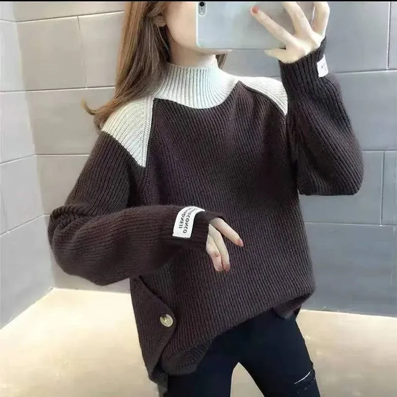 Autumn And Winter Women'S Casual Contrast Color Stitching Sweater - Image 3