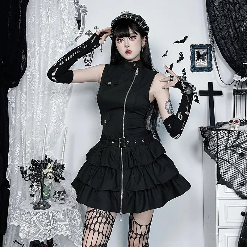 Women Gothic Solid Color Sleeveless Zip Dress - Image 4