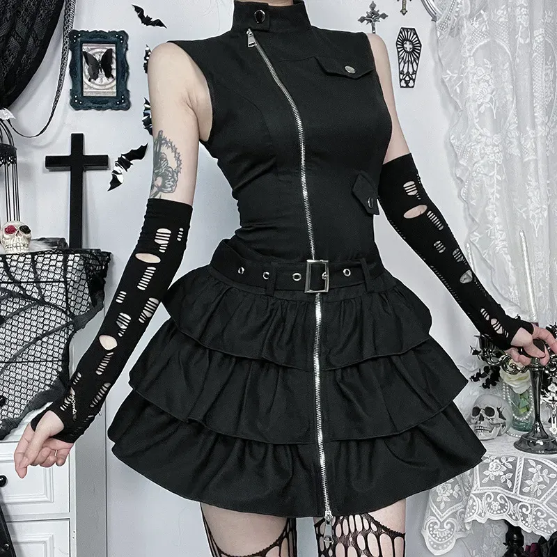 Women Gothic Solid Color Sleeveless Zip Dress - Image 6