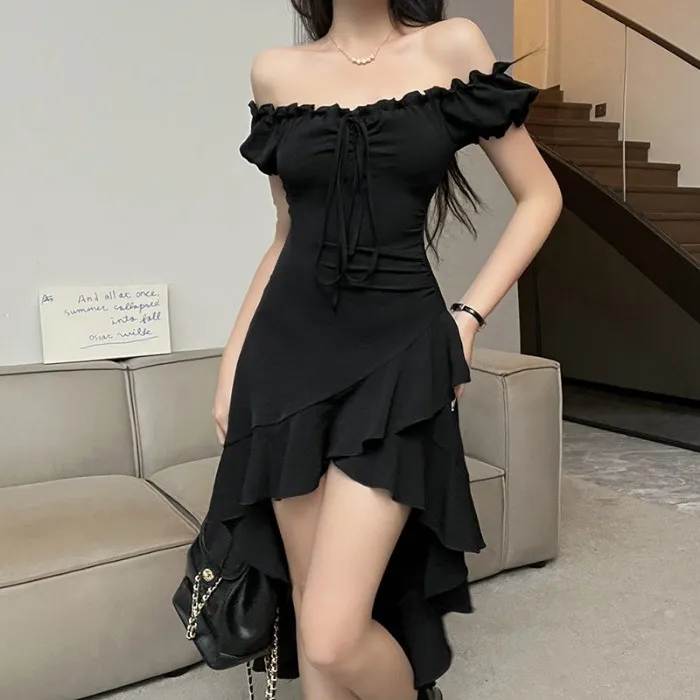 Women Fashion Sexy Black Ruffled Irregular Off-Shoulder Dress - Image 4