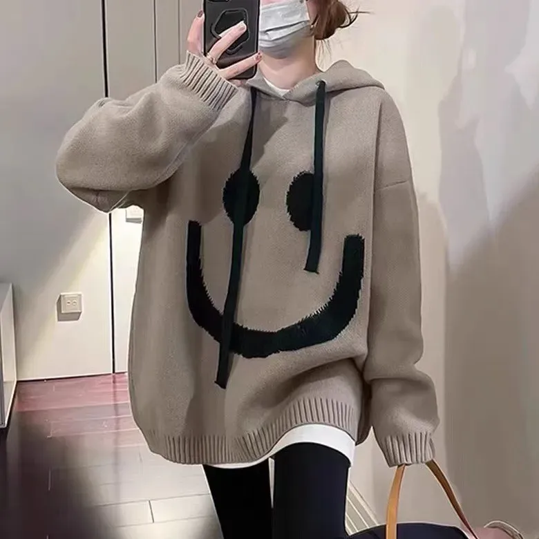 Women Fashion Casual Smile Face Long-Sleeve Loose Knitwear Hoodies - Image 5