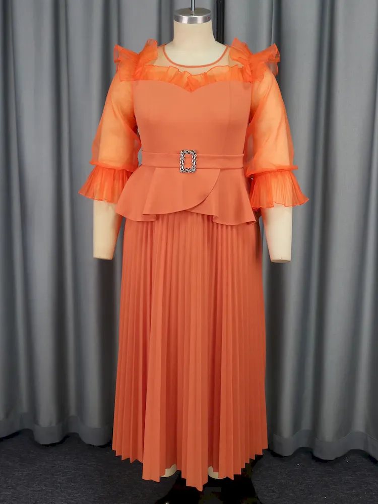 African Women Round Neck Puff Sleeve Pleated Banquet Elegant Club Dress - Image 6