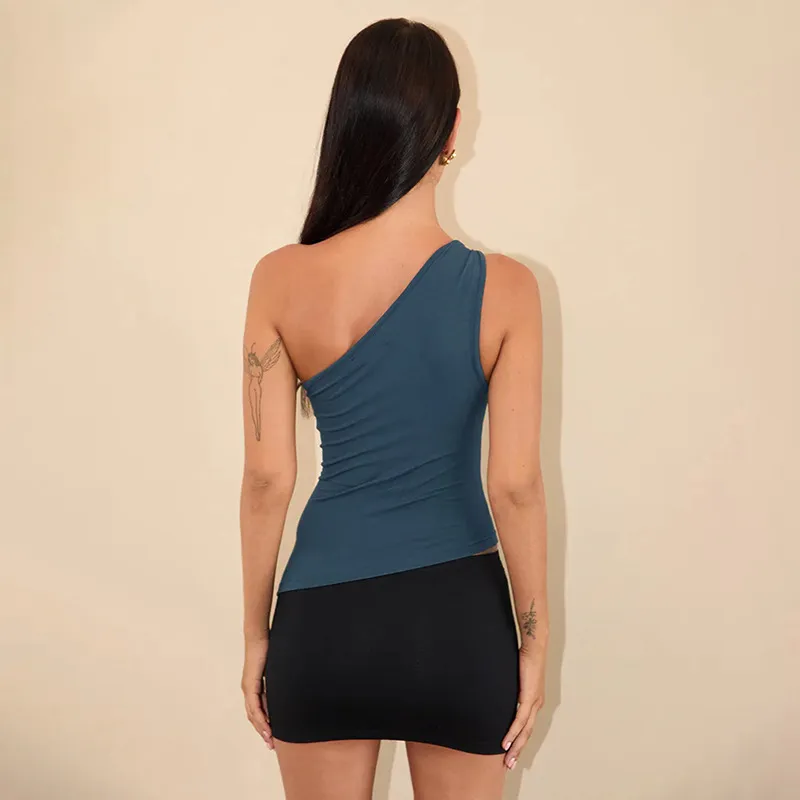 Women Fashion Sexy Solid Color Slanted Shoulder Tank Top - Image 5