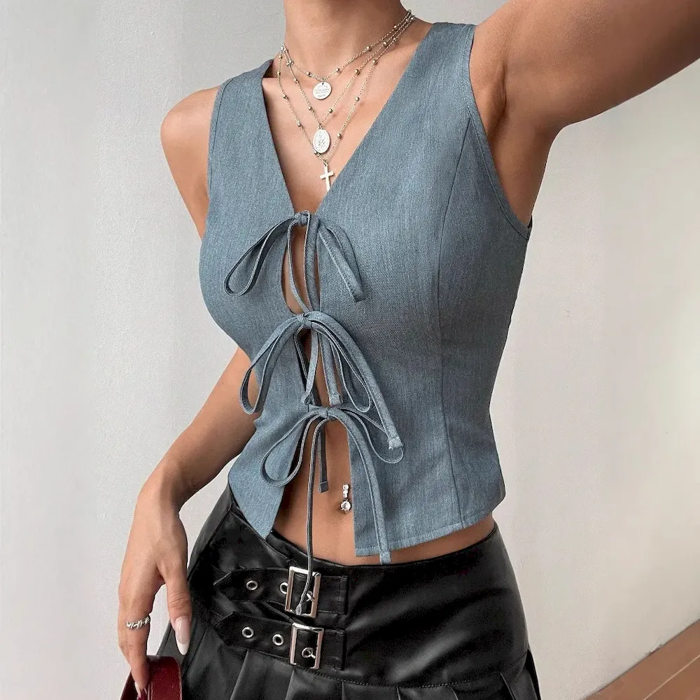 Women Fashion Solid Color Lace-Up Slim-Fit Tank Top - Image 3