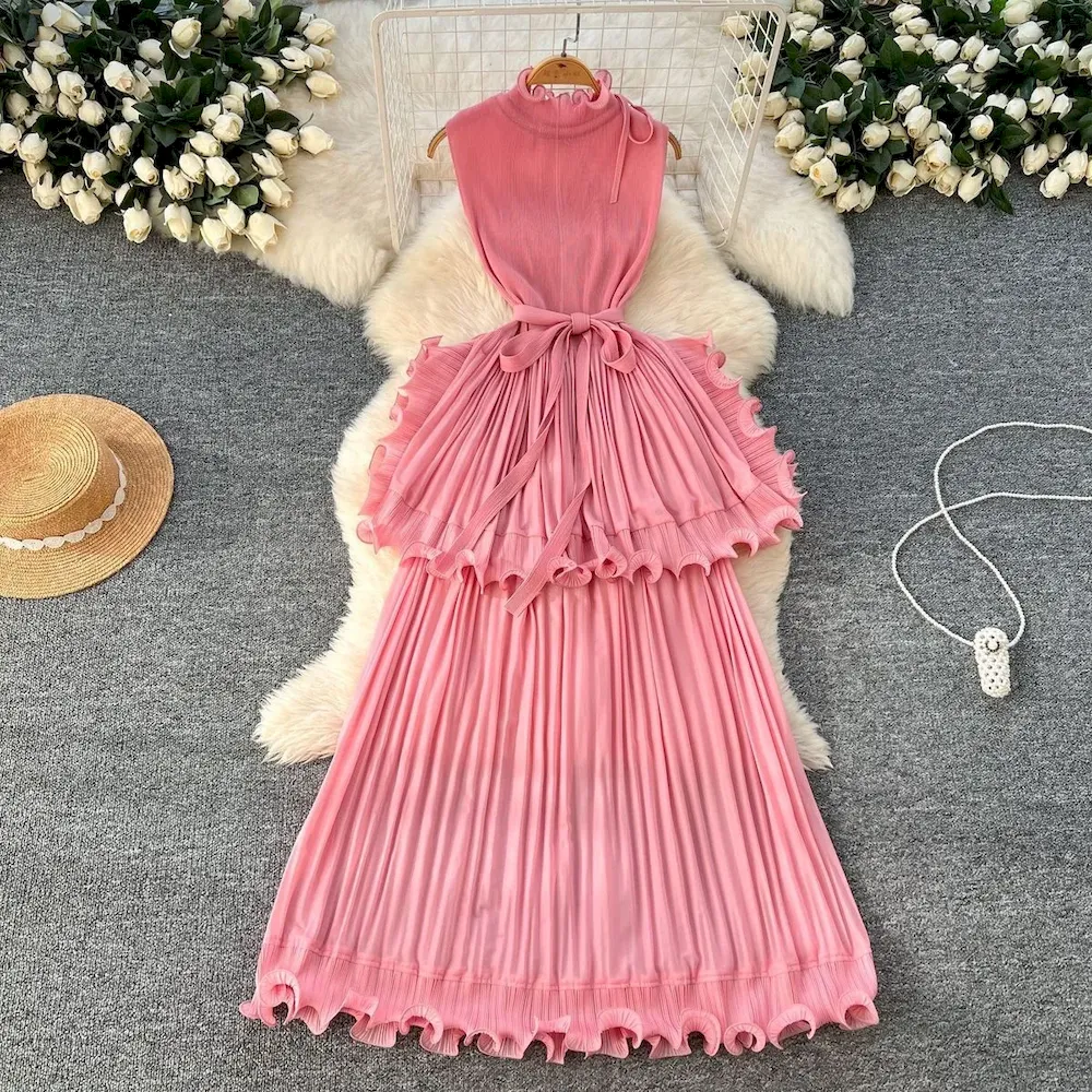 African Women Summer Pleated Ruffled Elegant Chic Solid Color Maxi Dress - Image 7