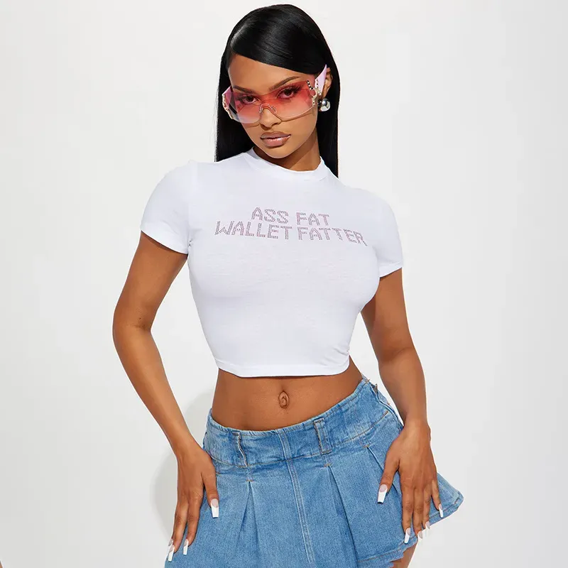 Sexy Women Short-Sleeved Letter Rhinestone Crop T-Shirt - Image 3