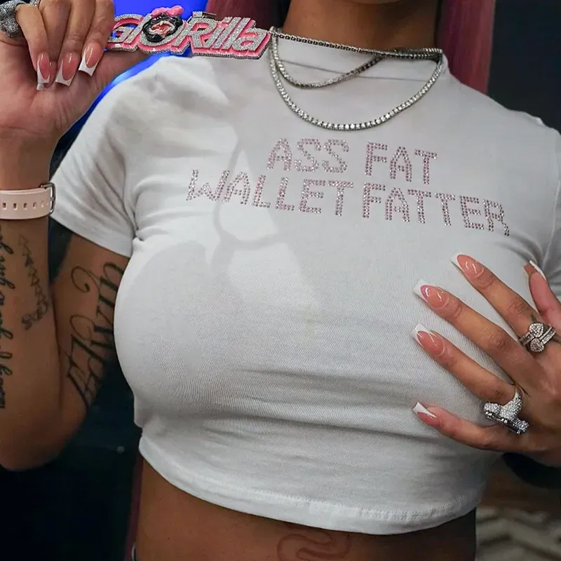 Sexy Women Short-Sleeved Letter Rhinestone Crop T-Shirt - Image 4