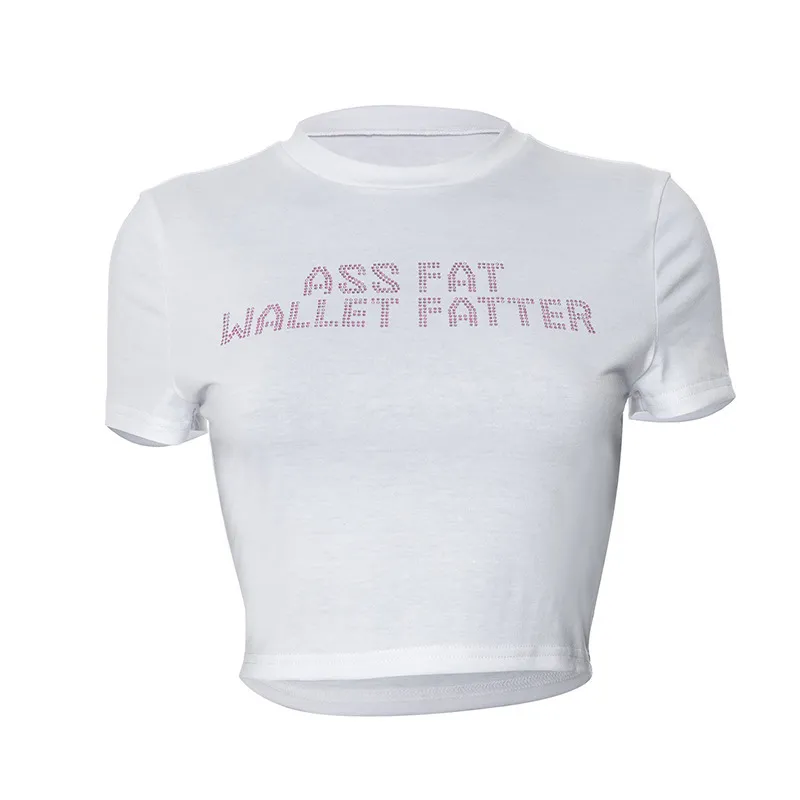 Sexy Women Short-Sleeved Letter Rhinestone Crop T-Shirt - Image 5