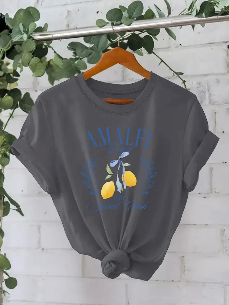 Women Pure Cotton Summer Short Sleeve Round Neck Lemon Pattern Printed T-Shirt - Image 3