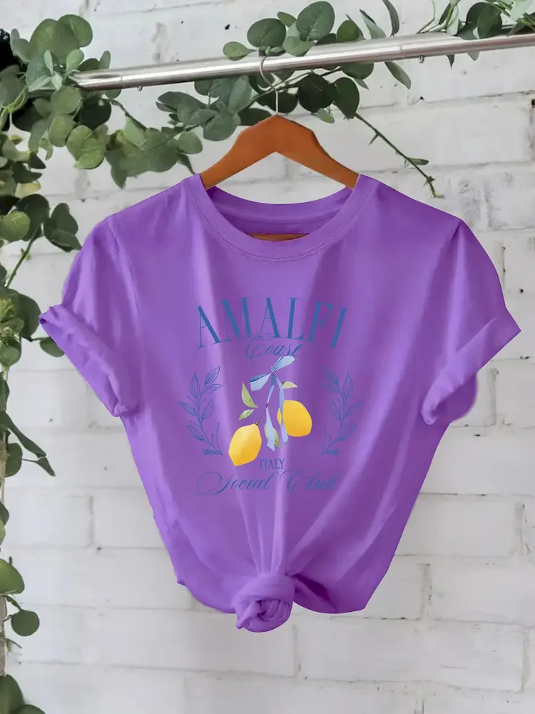 Women Pure Cotton Summer Short Sleeve Round Neck Lemon Pattern Printed T-Shirt - Image 4