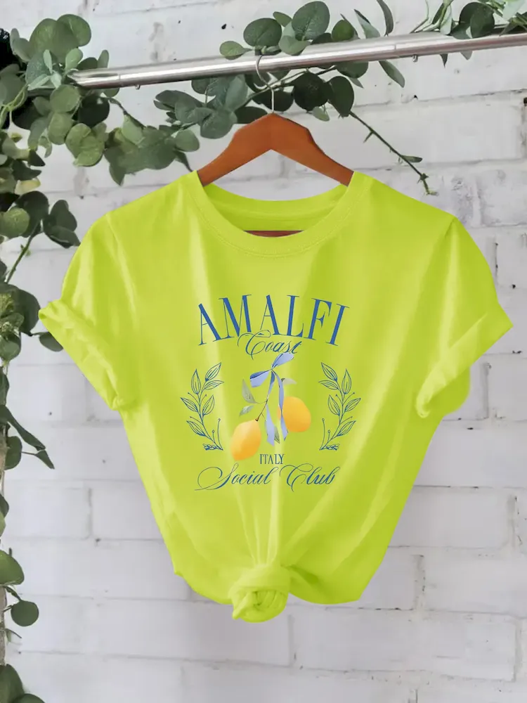 Women Pure Cotton Summer Short Sleeve Round Neck Lemon Pattern Printed T-Shirt - Image 7