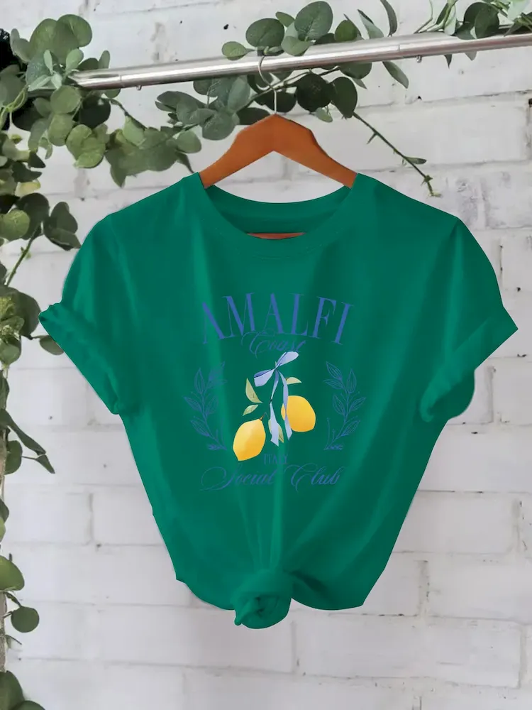 Women Pure Cotton Summer Short Sleeve Round Neck Lemon Pattern Printed T-Shirt - Image 8