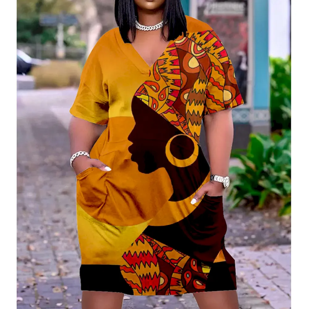 Women Fashion Casual Plus Size Printed V-Neck Short-Sleeve Loose Dress - Image 26