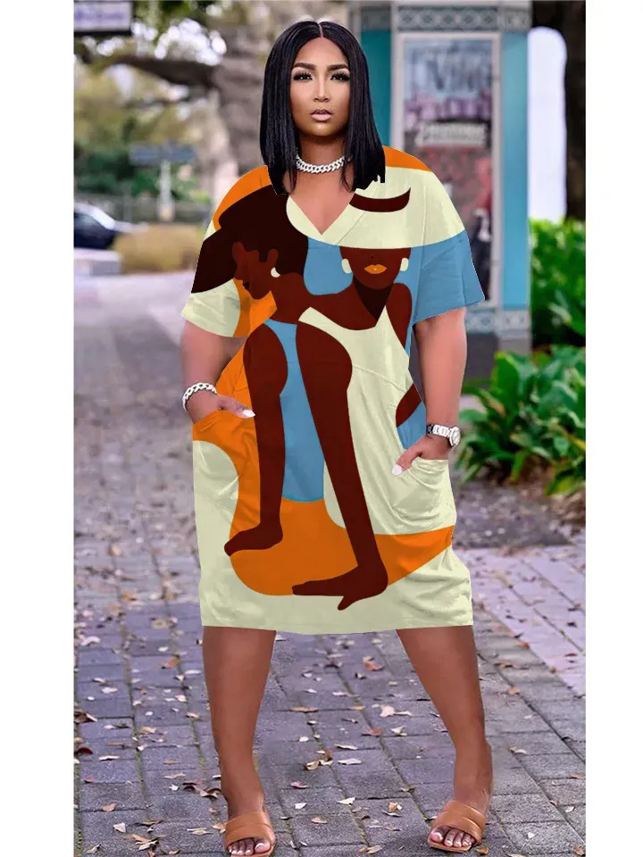 Women Fashion Casual Plus Size Printed V-Neck Short-Sleeve Loose Dress - Image 34