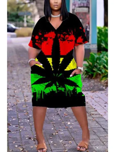 Women Fashion Casual Plus Size Printed V-Neck Short-Sleeve Loose Dress - Image 42