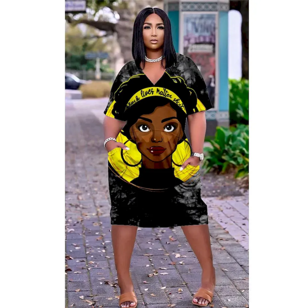 Women Fashion Casual Plus Size Printed V-Neck Short-Sleeve Loose Dress - Image 43