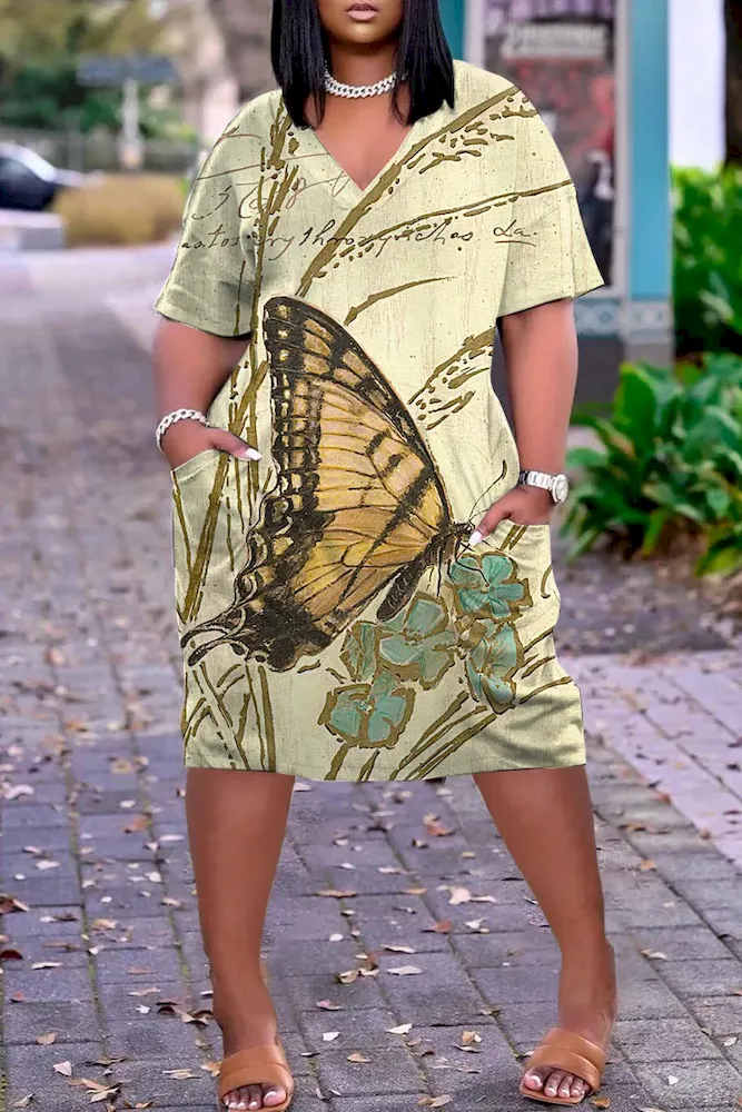 Women Fashion Casual Plus Size Printed V-Neck Short-Sleeve Loose Dress - Image 44