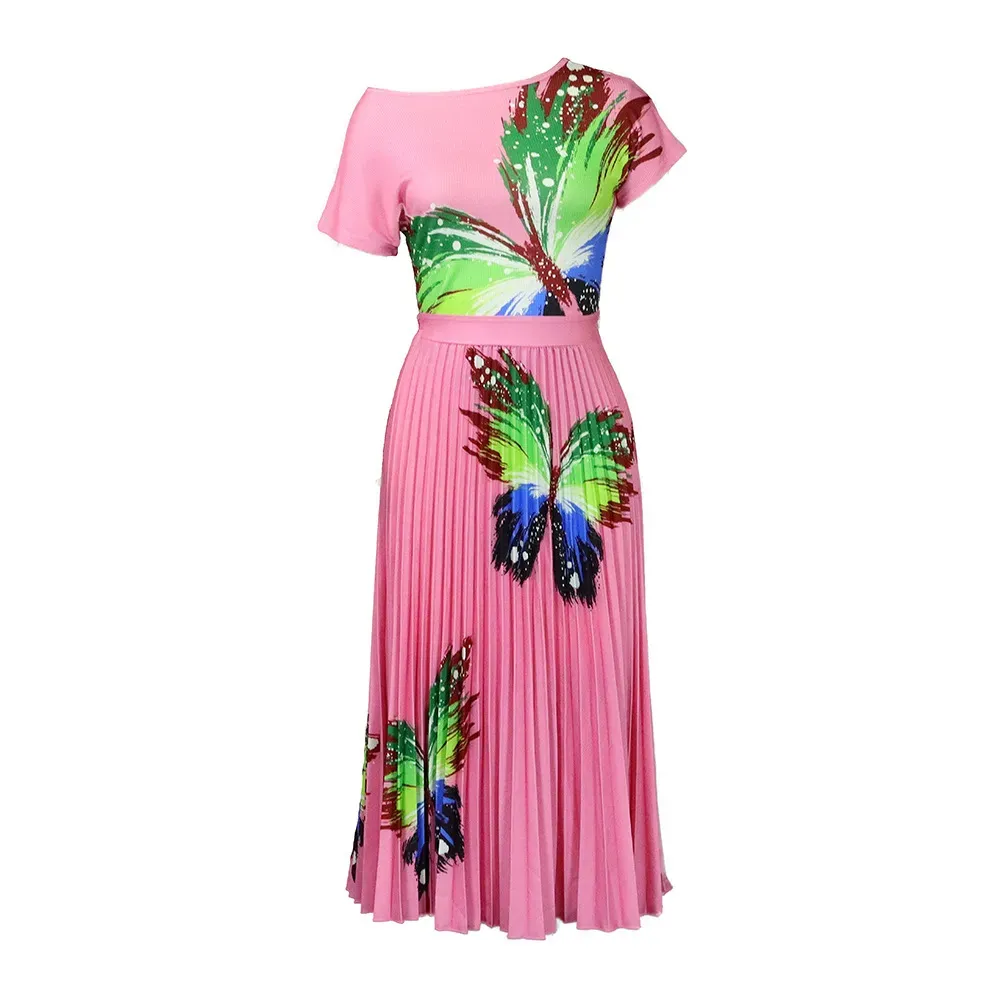 Women Fashion Plus Size Multicolor Butterfly Printed Short-Sleeved Top Pleated Skirt Two-Piece Set - Image 6