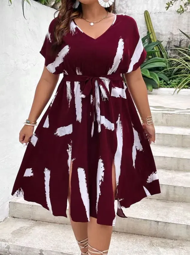 Women Fashion Casual Plus Size Printed V-Neck Short-Sleeve Loose Dress - Image 4