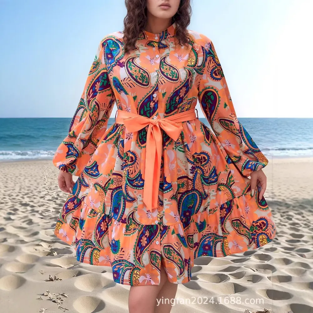 Women Fashion Elegant Plus Size Printed Long-Sleeve Lace-Up Loose Dress - Image 3