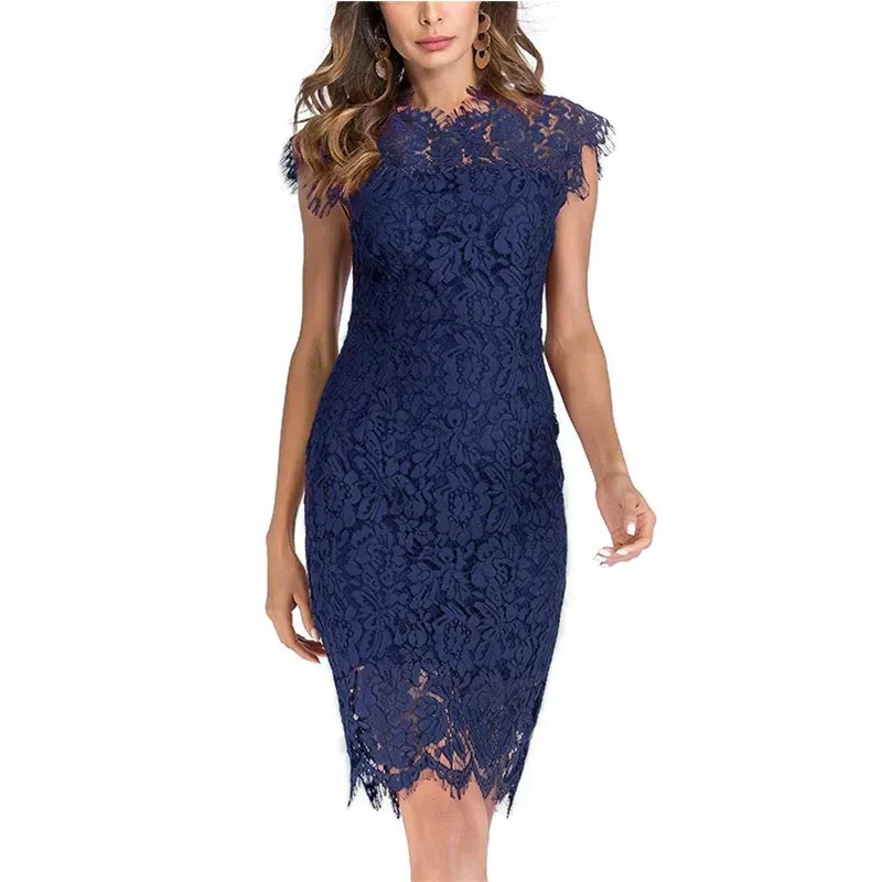 Women Fashion Sexy Solid Color Lace Short-Sleeve Slim Fit Dress - Image 4