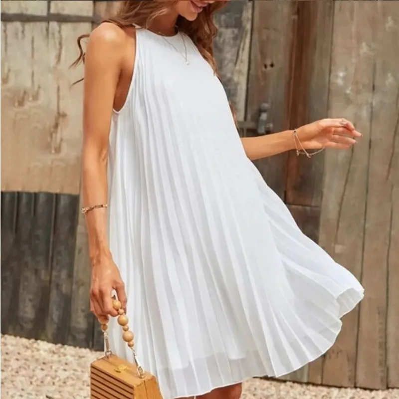Women Fashion Elegant Solid Color Round Neck Sleeveless Pleated Dress - Image 3