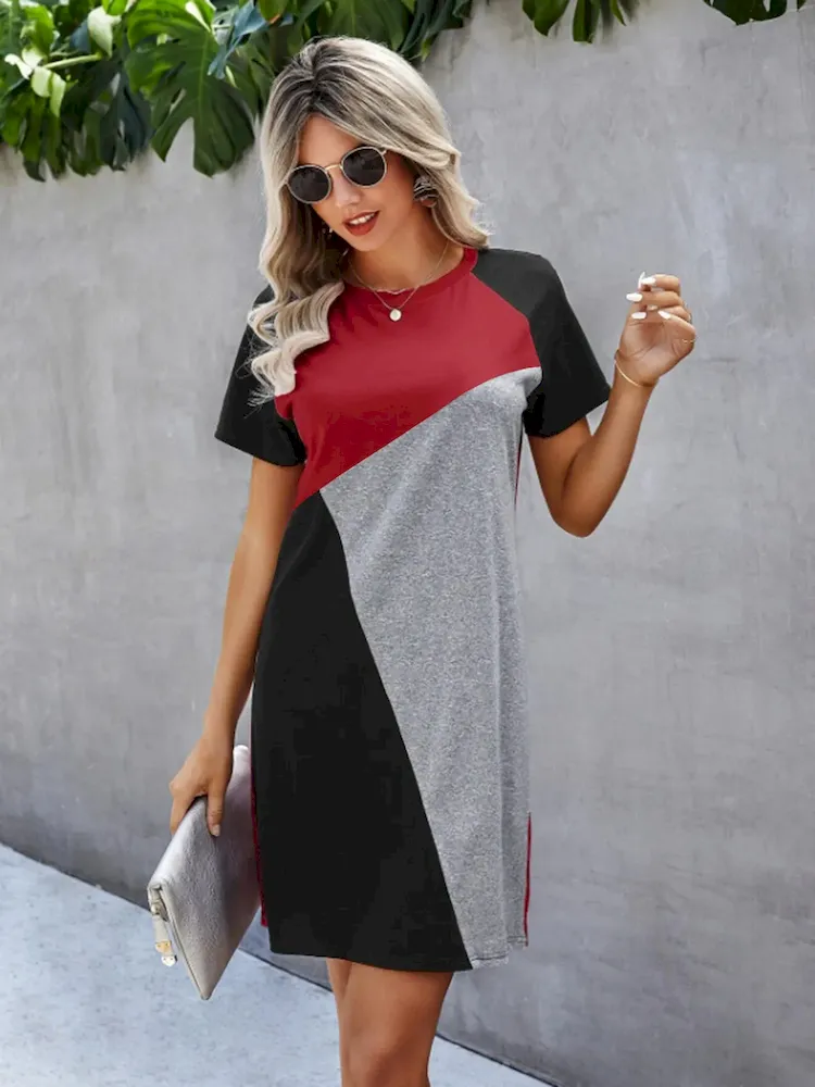 Women Fashion Casual Contrast Color Stitching Irregular Short Sleeve Dress - Image 3