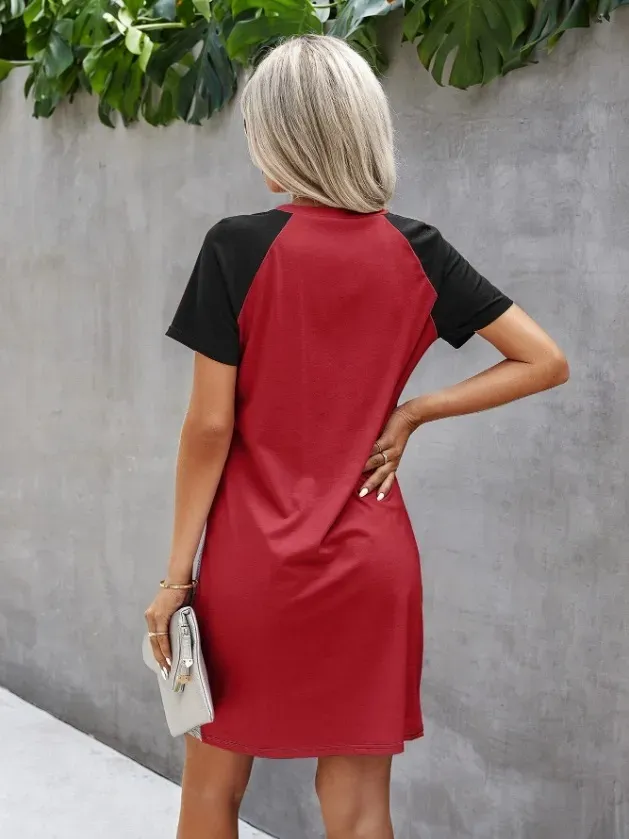 Women Fashion Casual Contrast Color Stitching Irregular Short Sleeve Dress - Image 4