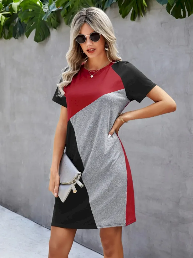 Women Fashion Casual Contrast Color Stitching Irregular Short Sleeve Dress - Image 5