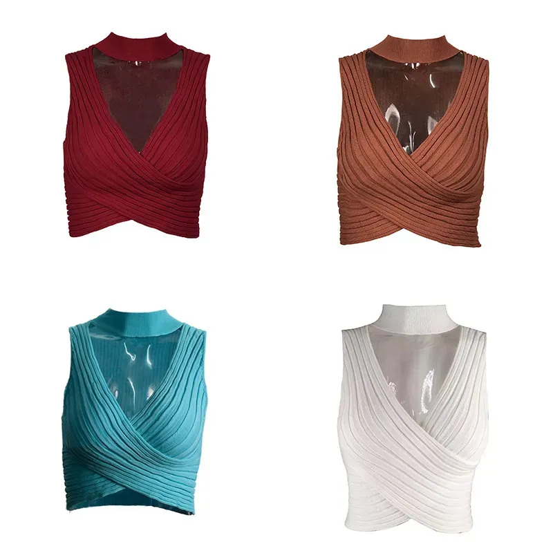 Women Sexy Solid Color Neck Cropped Top - Image 3