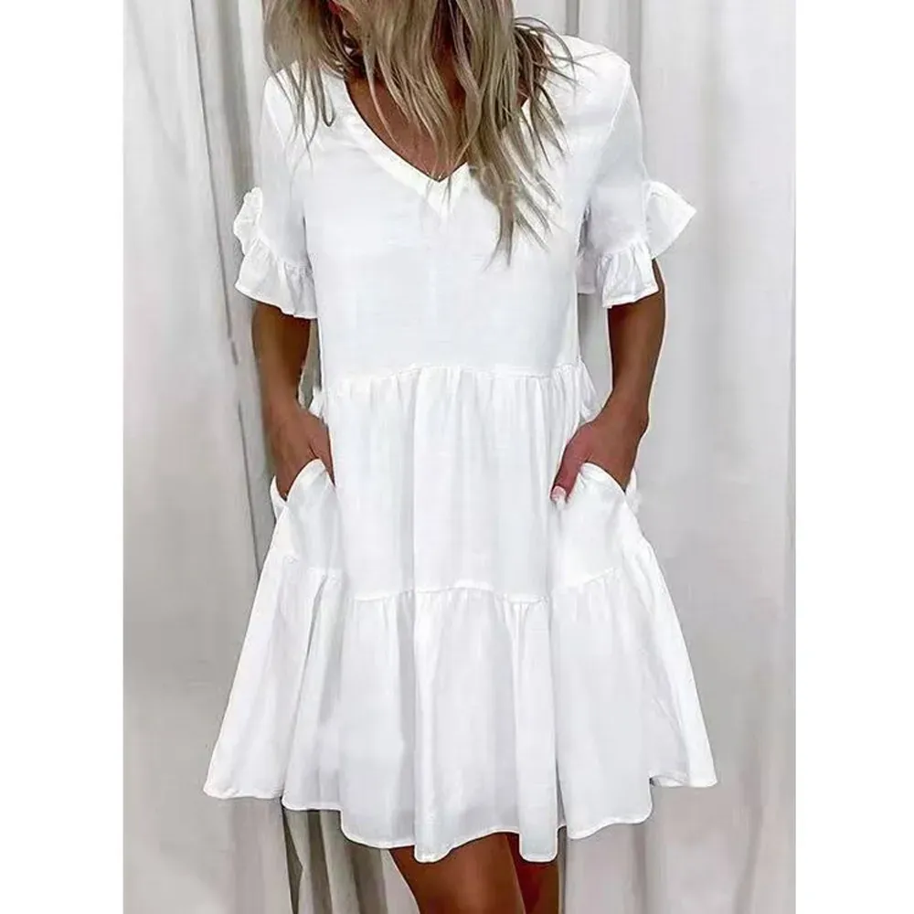 Women Fashion Casual Printed Color Block V-Neck Short-Sleeve Loose Dress - Image 3