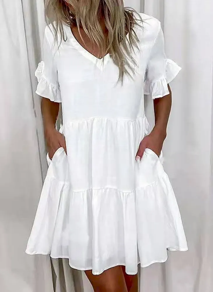 Women Fashion Casual Printed Color Block V-Neck Short-Sleeve Loose Dress - Image 6