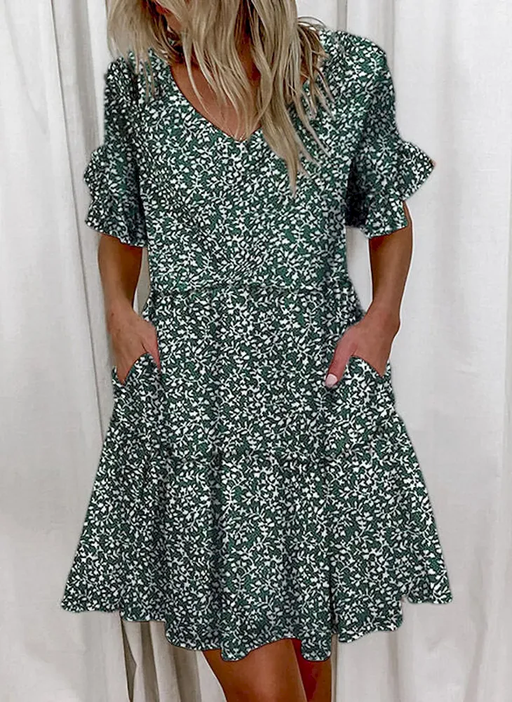 Women Fashion Casual Printed Color Block V-Neck Short-Sleeve Loose Dress - Image 7