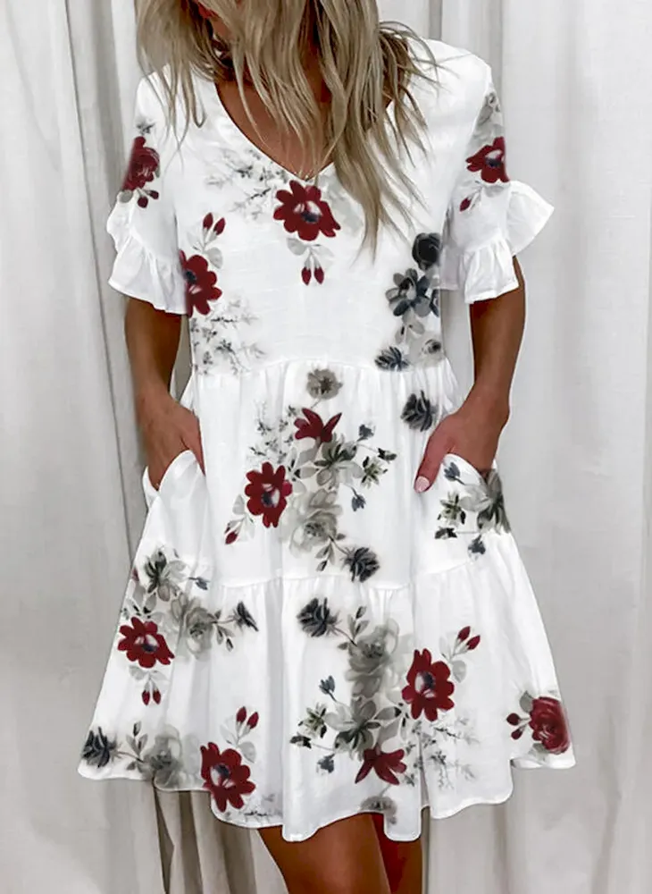 Women Fashion Casual Printed Color Block V-Neck Short-Sleeve Loose Dress - Image 8