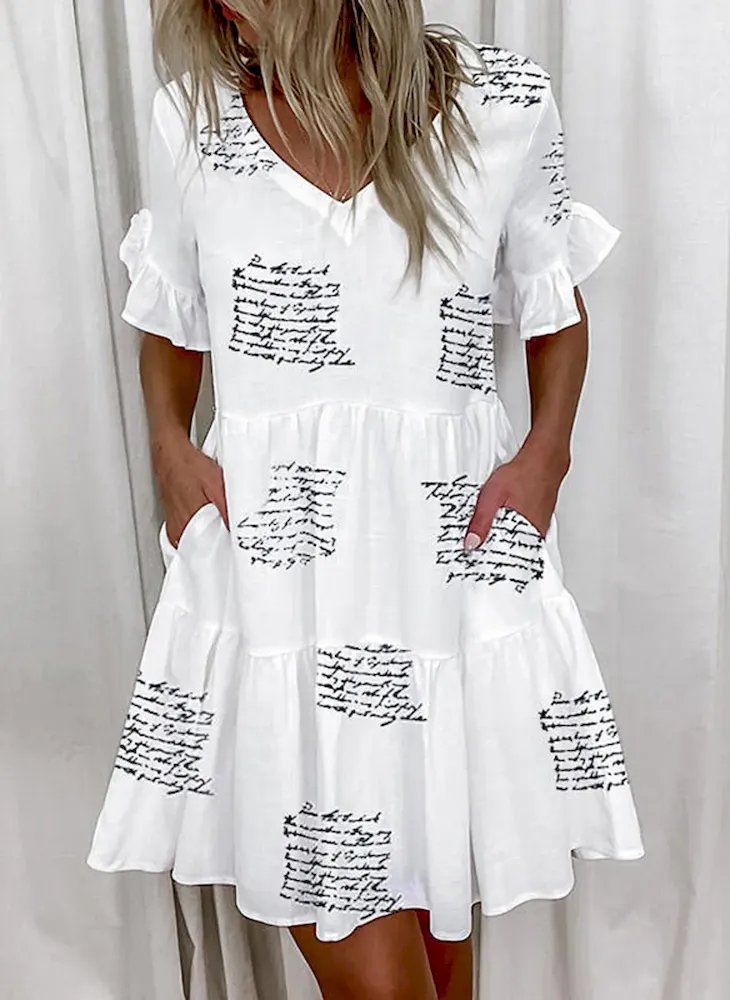 Women Fashion Casual Printed Color Block V-Neck Short-Sleeve Loose Dress - Image 9