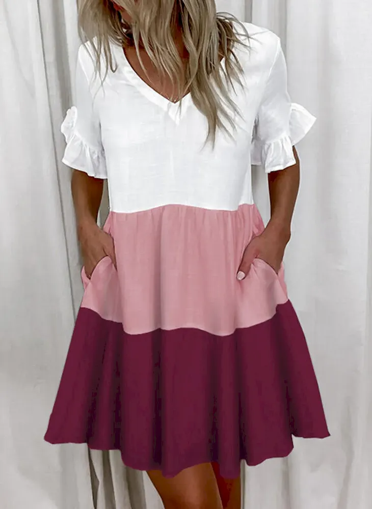 Women Fashion Casual Printed Color Block V-Neck Short-Sleeve Loose Dress - Image 14