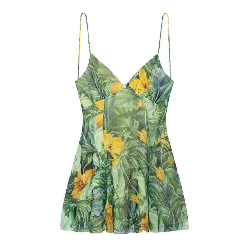 Vacation Summer Floral Leaf Leopard Polka Dot Printing Sling Dress - Image 4