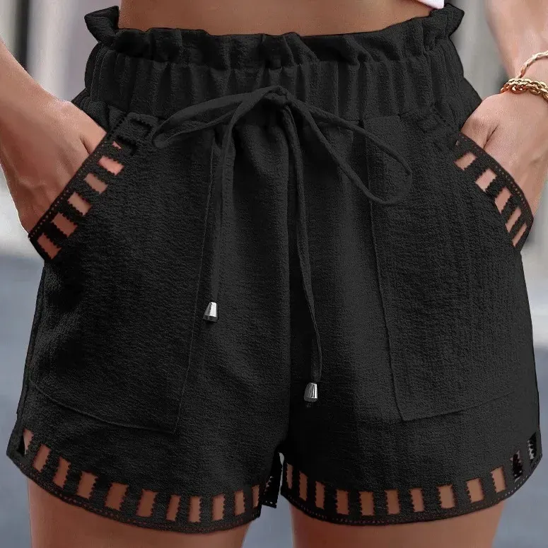 Women Casual Summer Cotton And Linen Solid Color Hollow Hem Shorts - Image 6