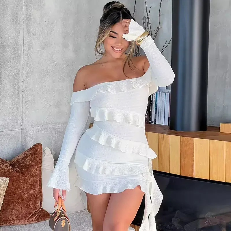 Women Solid Color Fashion Off-Shoulder Ruffled Flare Sleeve Ribbon Dress - Image 3