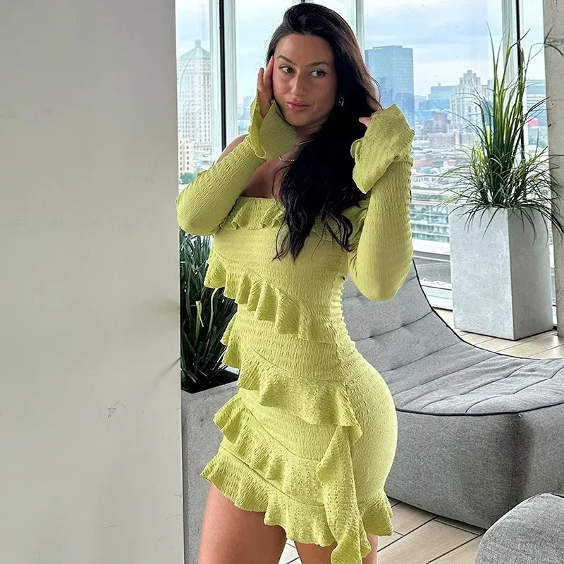 Women Solid Color Fashion Off-Shoulder Ruffled Flare Sleeve Ribbon Dress - Image 4