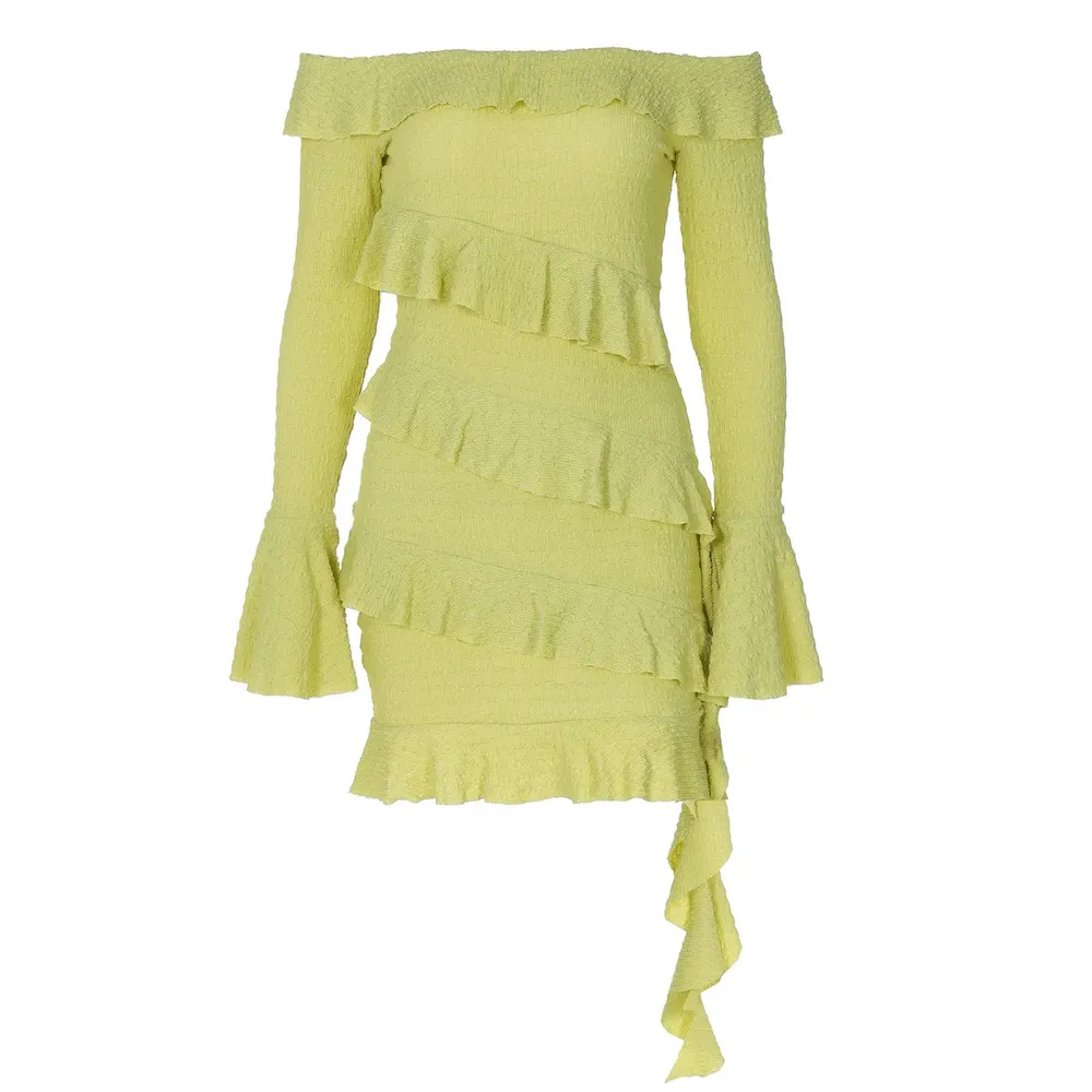 Women Solid Color Fashion Off-Shoulder Ruffled Flare Sleeve Ribbon Dress - Image 5