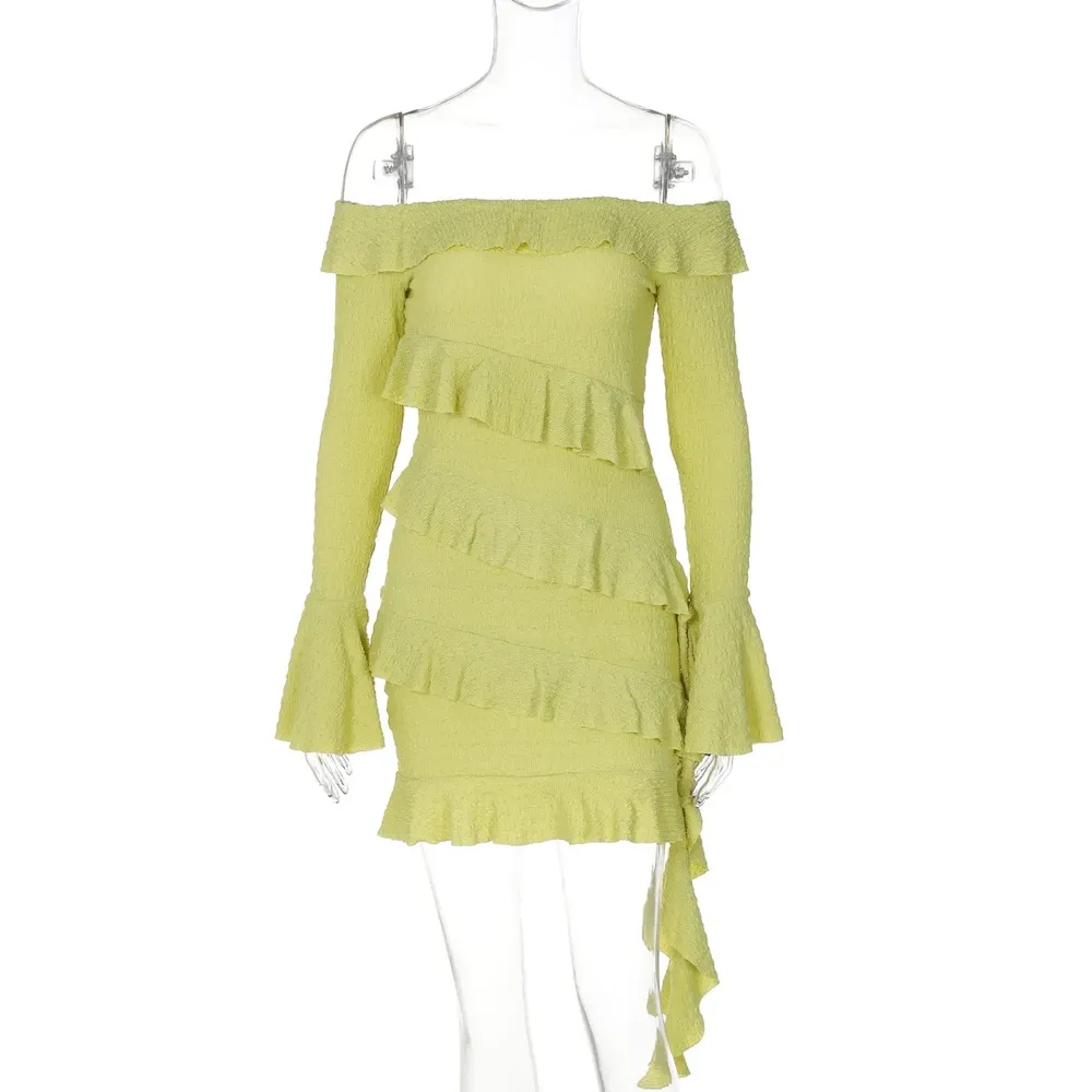 Women Solid Color Fashion Off-Shoulder Ruffled Flare Sleeve Ribbon Dress - Image 7