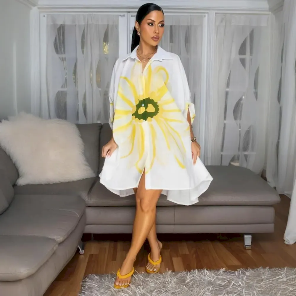 Women Casual Fashion Floral Printed Shirt Cardigan Dress - Image 5