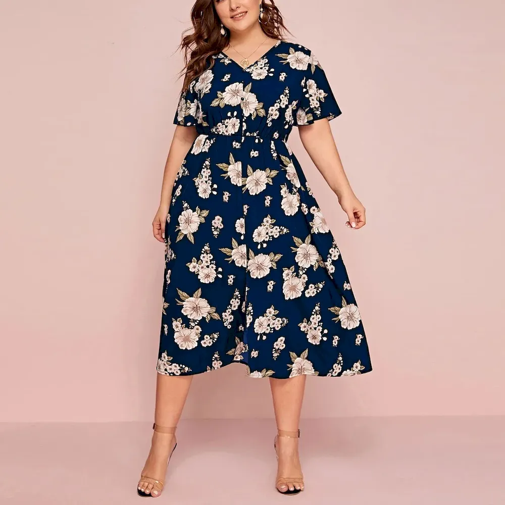 Women Fashion Casual Plus Size Chiffon Floral Printed V-Neck Short Sleeve Loose Dress - Image 8