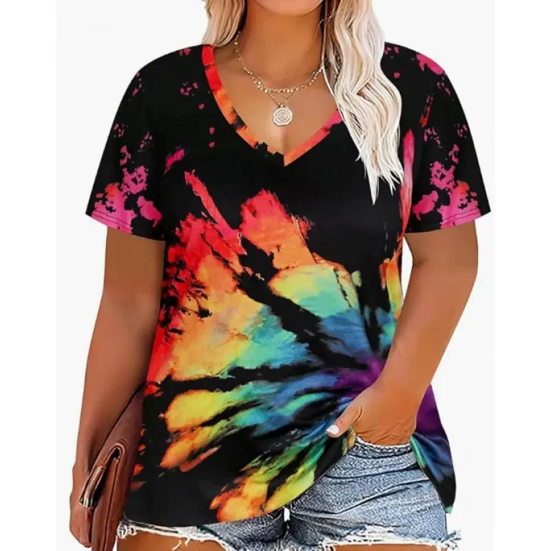 Women Casual Plus Size Printed V-Neck Short-Sleeve T-Shirt - Image 20