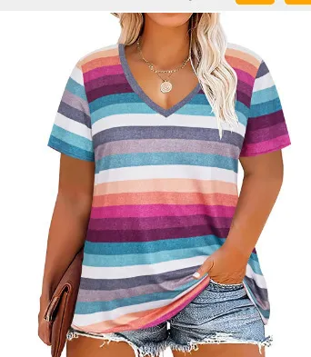 Women Casual Plus Size Printed V-Neck Short-Sleeve T-Shirt - Image 23