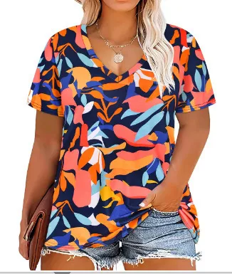 Women Casual Plus Size Printed V-Neck Short-Sleeve T-Shirt - Image 25